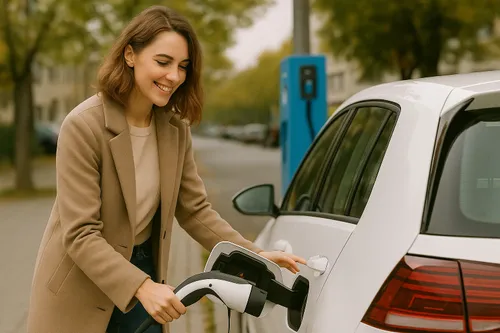 Vrouw laadt elektrische auto op bij openbare laadpaal met laadsnoer – zonder fysieke laadpas